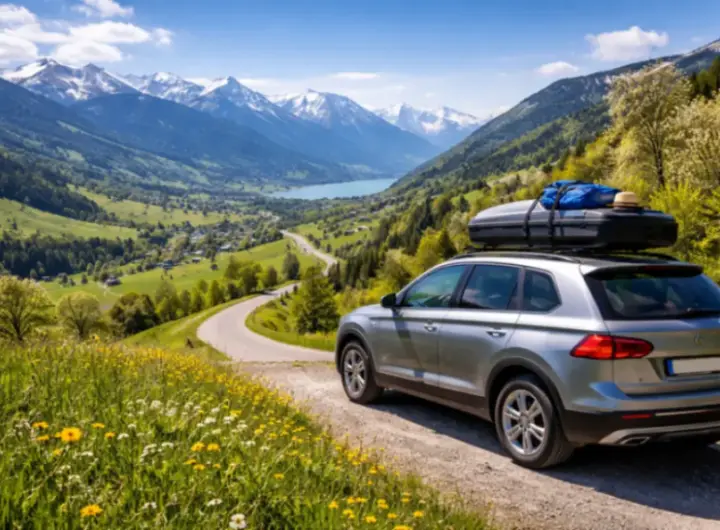 SUV in vista montana primaverile