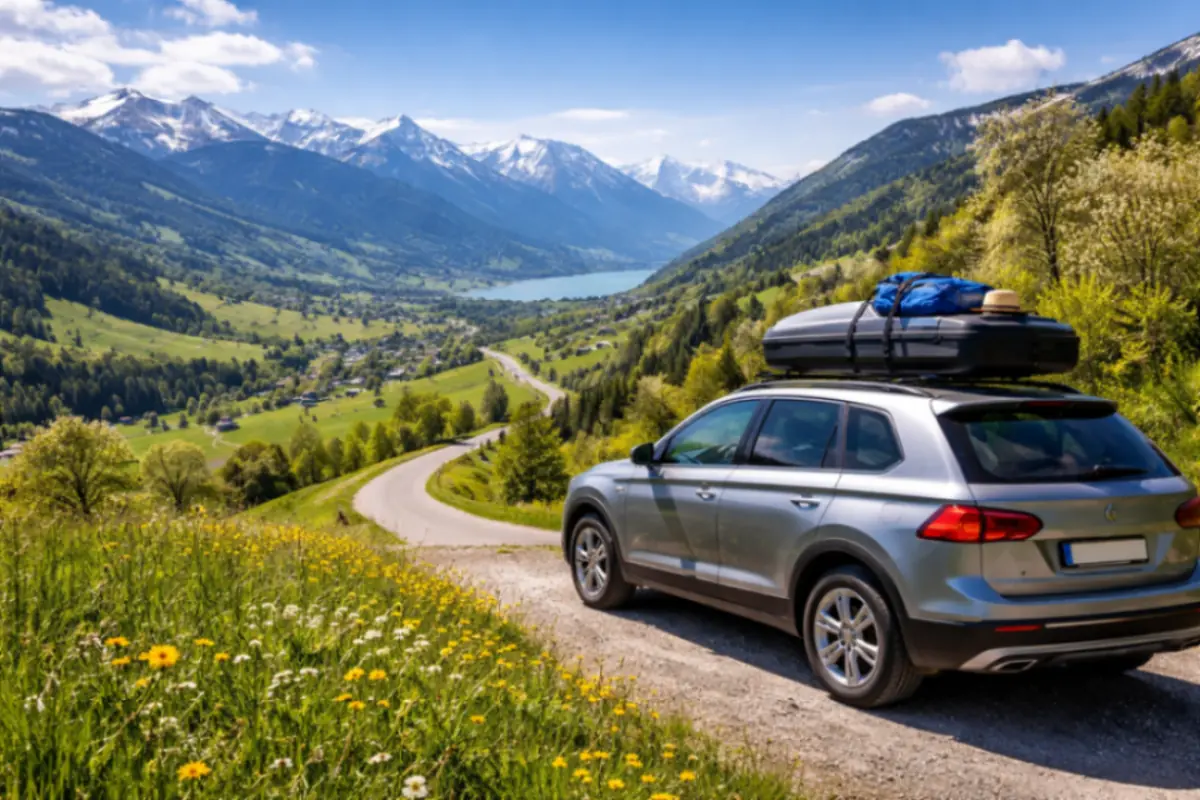 SUV in vista montana primaverile