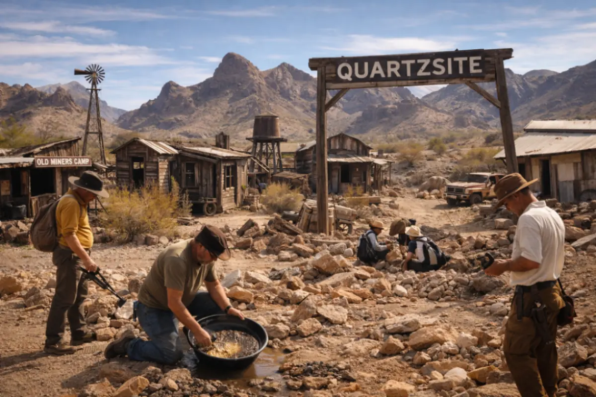Villaggio abbandonato nel deserto di Quartzsite con cercatori d’oro e geologi tra rocce e vecchi edifici