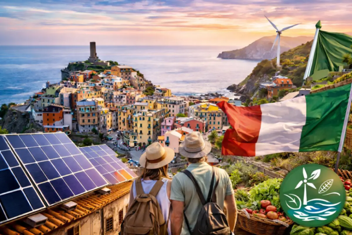 Vista panoramica delle Cinque Terre con turisti e soluzioni sostenibili come pannelli solari e turbine eoliche, simbolo del turismo sostenibile in Italia