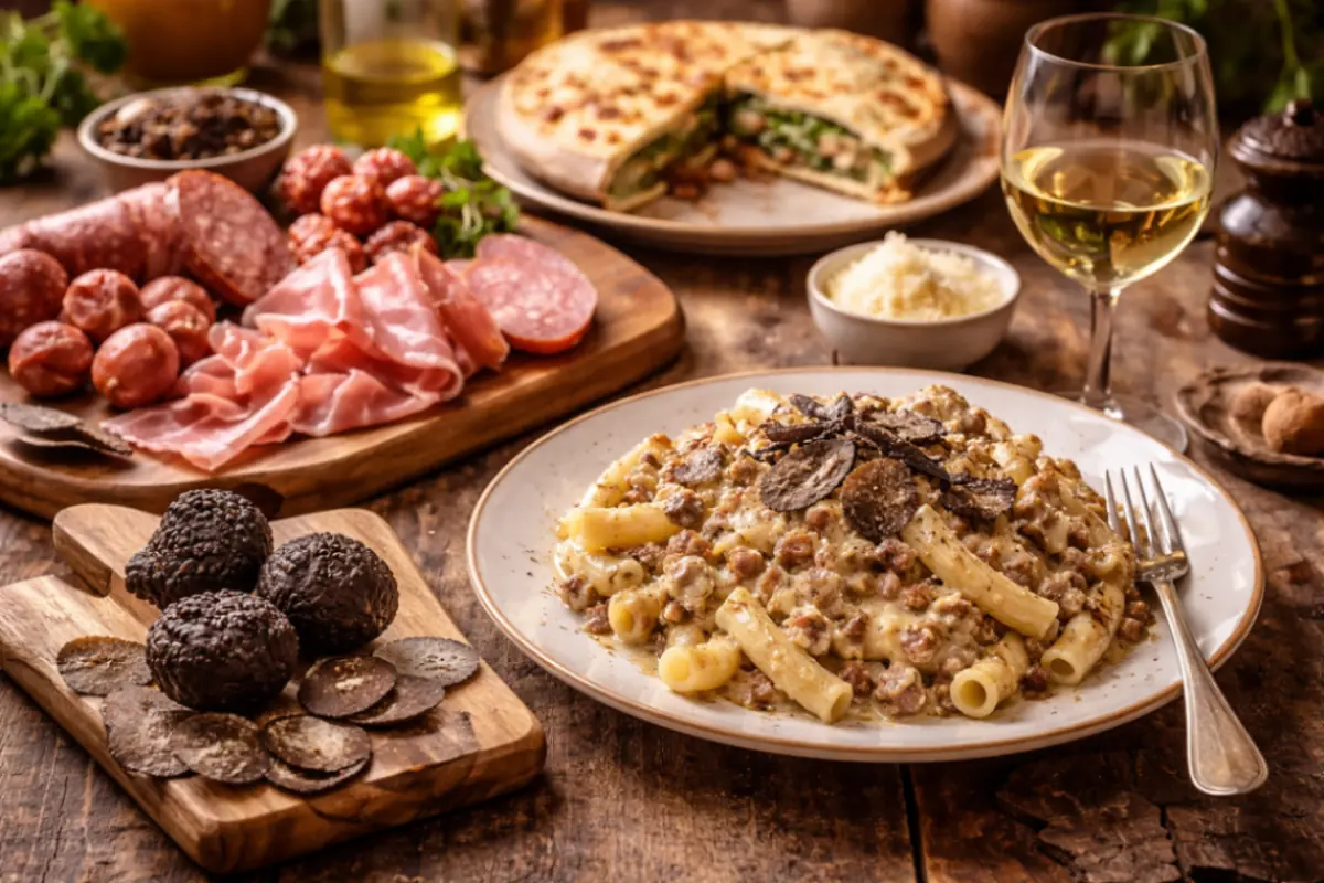 tavolata rustica e pasta alla norcina