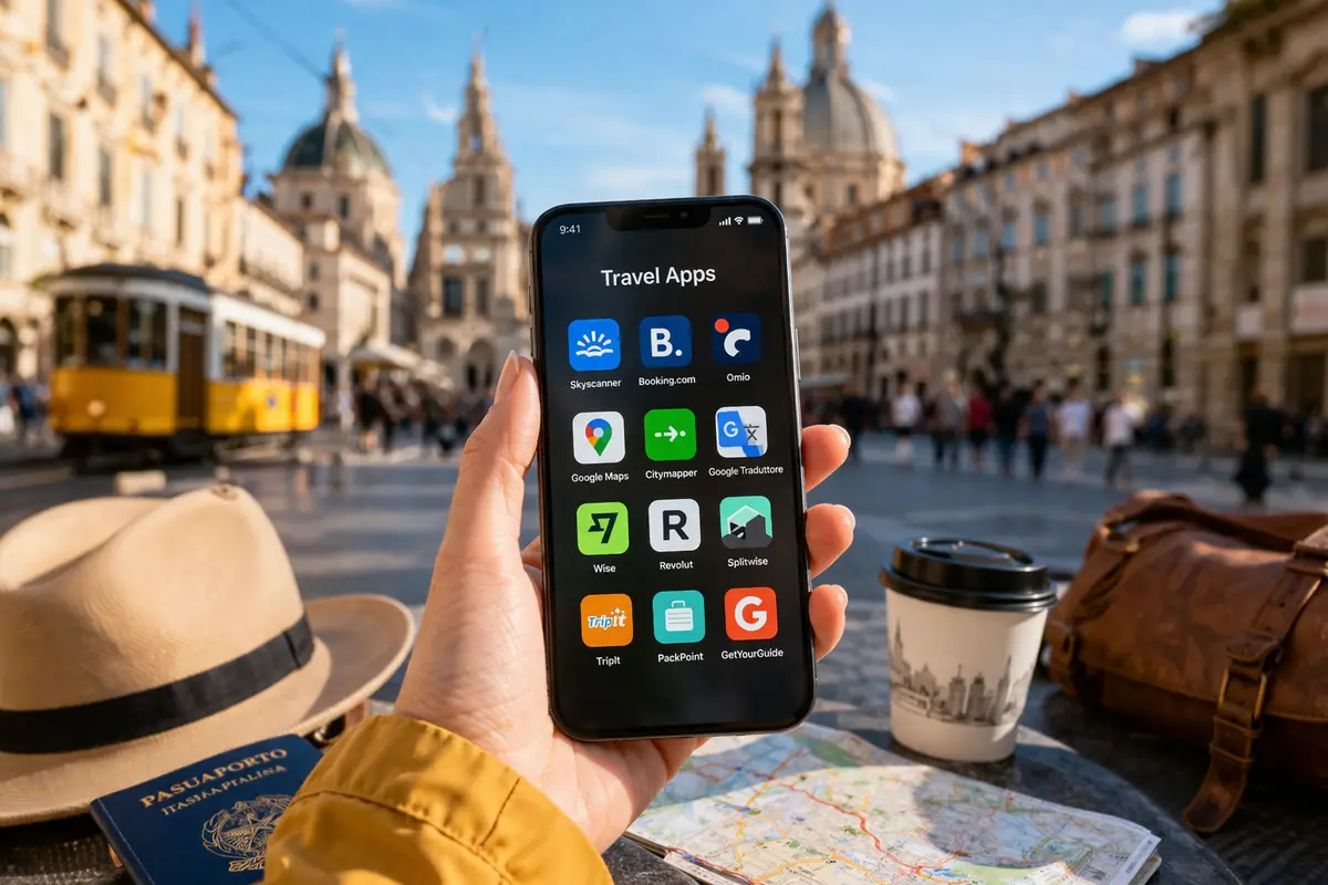 Smartphone con app di viaggio aperte in una città europea con mappa e accessori da viaggio