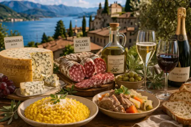 Tavola con prodotti tipici della cucina lombarda tra lago e borghi con gorgonzola salame di Varzi e Franciacorta