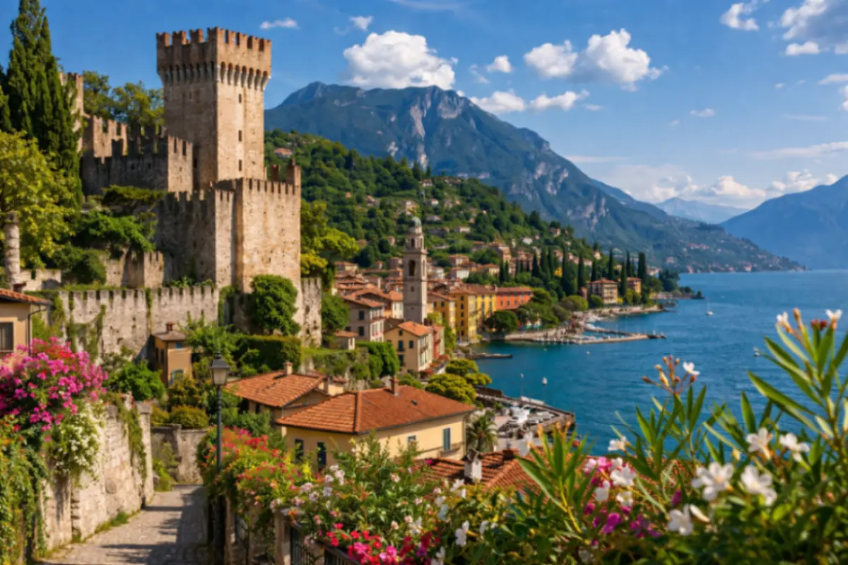 Borgo lombardo con castello medievale affacciato sul lago tra montagne e natura