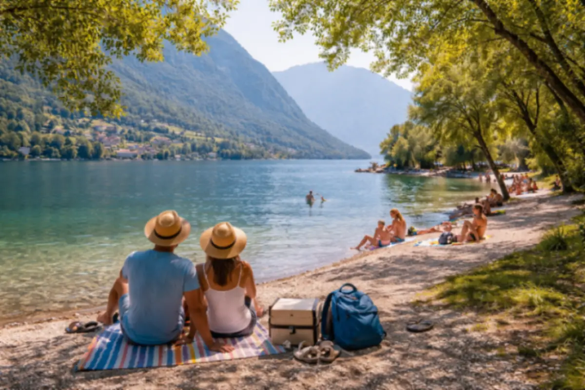Persone rilassate sulla riva di un lago italiano in estate con spazi ampi e atmosfera tranquilla