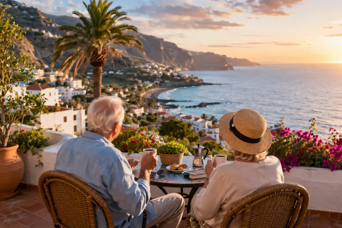 Coppia di pensionati su terrazza con vista mare mentre vive all’estero in una località costiera