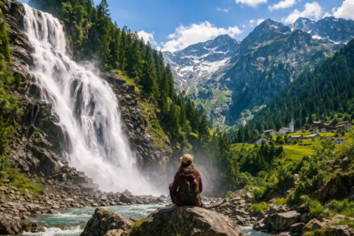 Cascata del Toce in Val Formazza con escursionista e paesaggio alpino tra montagne e natura