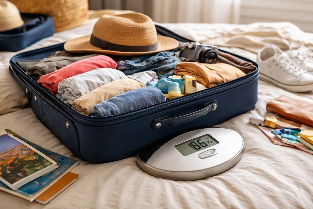 Valigia aperta con vestiti e bilancia per controllare il peso del bagaglio a mano