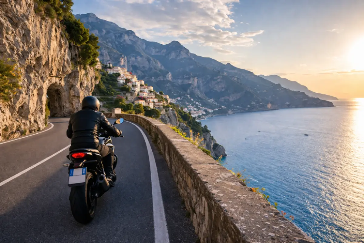 Moto su strada costiera panoramica in Italia con vista sul mare e borgo mediterraneo
